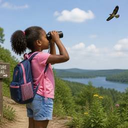 Girl Birdwatching on Trail