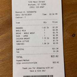 Editable Grocery Receipt