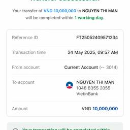 Bank Transfer Success Screen