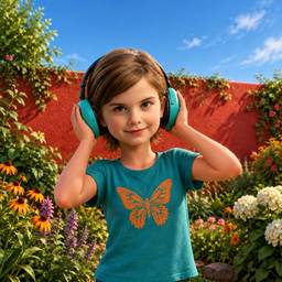 Girl with Headphones in Garden