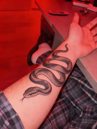 Después - Edición de tatuaje de serpiente en antebrazo