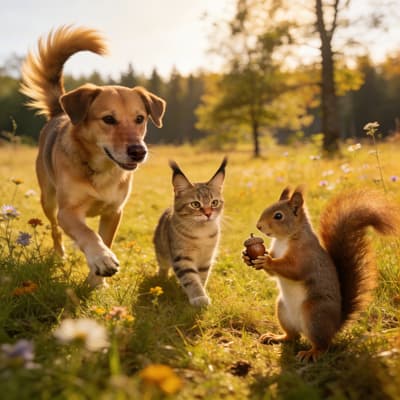 Dog Cat Squirrel Meet